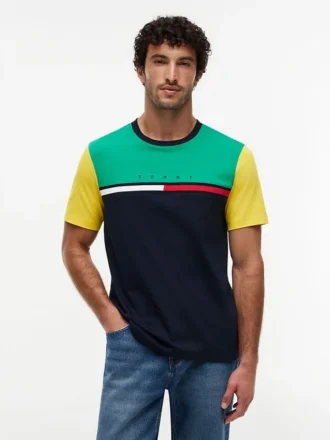 Colorblock-T-Shirt mit Flaggenstreifen-Logo