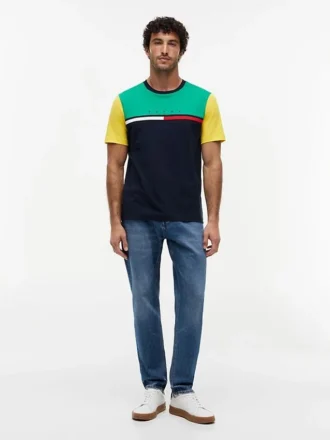 Colorblock-T-Shirt mit Flaggenstreifen-Logo