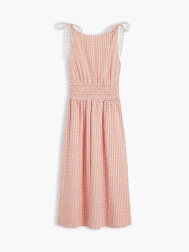 Gerafftes Gingham-Seersucker-Midi-Kleid Gerafftes Gingham-Seersucker-Midi-Kleid