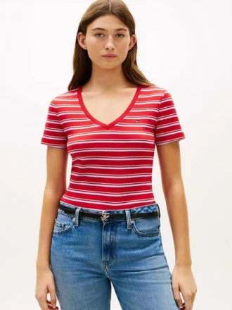 Gestreiftes „Favorite“-T-Shirt mit V-Ausschnitt
