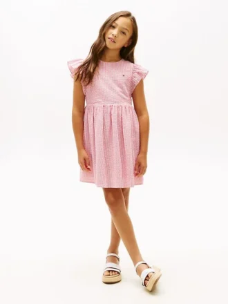 Gestreiftes Seersucker-Kleid mit Flatterärmeln für Kinder