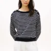 Gestreiftes Sweatshirt mit U-Boot-Ausschnitt und goldfarbenen Knöpfen