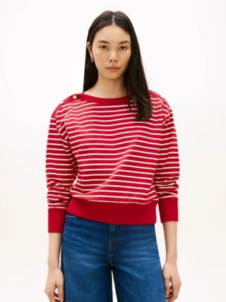 Gestreiftes Sweatshirt mit U-Boot-Ausschnitt und goldfarbenen Knöpfen
