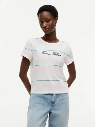 Gestreiftes T-Shirt mit gesticktem Schriftzug-Logo