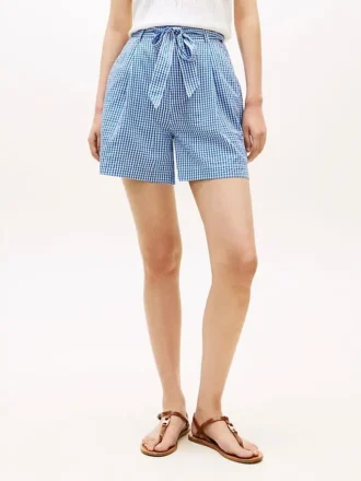 Gingham-Seersucker-Shorts mit Gürtel