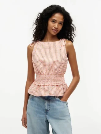 Gingham-Seersucker-Tanktop mit Raffungen