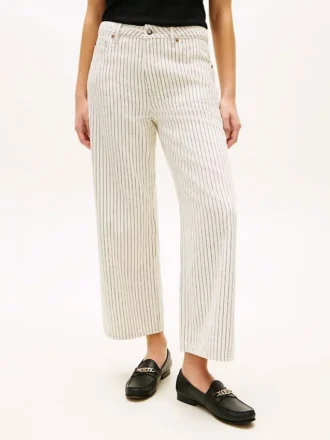 High-Waist-Jeans mit weitem Bein und Eisenbahnstreifen