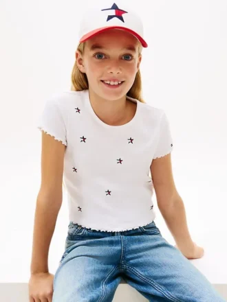 Kinder-T-Shirt mit gestickten Sternen und Rippbündchen