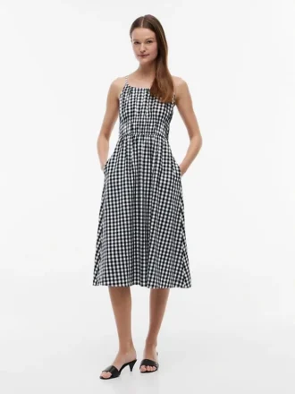 Midi-Kleid aus Leinenmischung mit Gingham-Muster und Raffungen