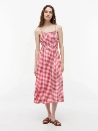 Midi-Kleid aus Leinenmischung mit Gingham-Muster und Raffungen Midi-Kleid aus Leinenmischung mit Gingham-Muster und Raffungen