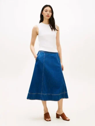 Midi-Rock aus Denim mit hoher Taille und ausgestelltem Schnitt