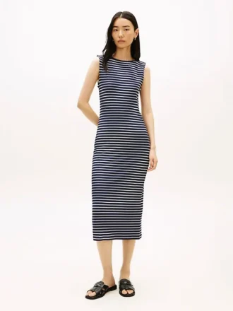 Schmal geschnittenes Midi-Kleid mit Streifen und U-Boot-Ausschnitt