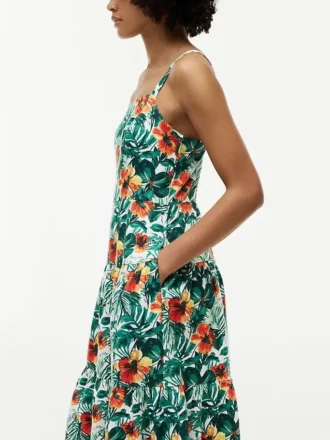 Stufiges Kleid aus Leinenmischung mit tropischem Print