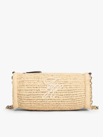 Tasche mit Monogramm-Schriftzug und Kettenriemen aus Raffia Tasche mit Monogramm-Schriftzug und Kettenriemen aus Raffia