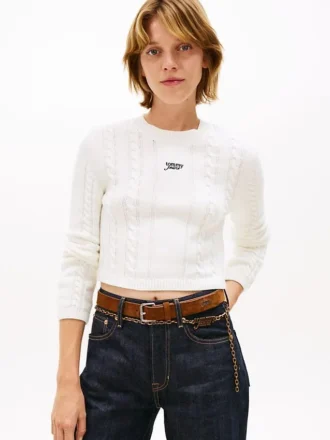 Tommy Jeans Pullover mit Schriftzug und Zopfmuster
