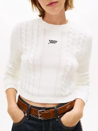 Tommy Jeans Pullover mit Schriftzug und Zopfmuster